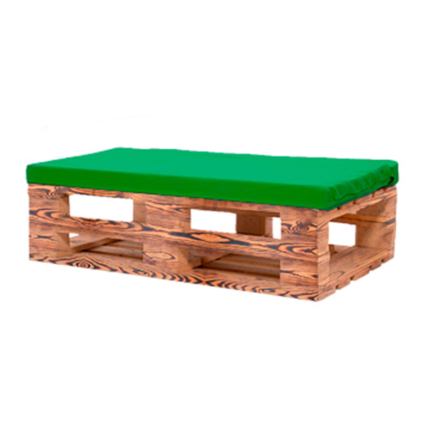 Банкетка из паллет обожжённая с зеленой подушкой