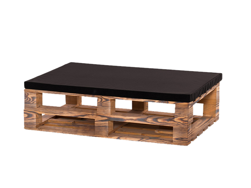 Банкетка из паллет обожжённая с черной подушкой