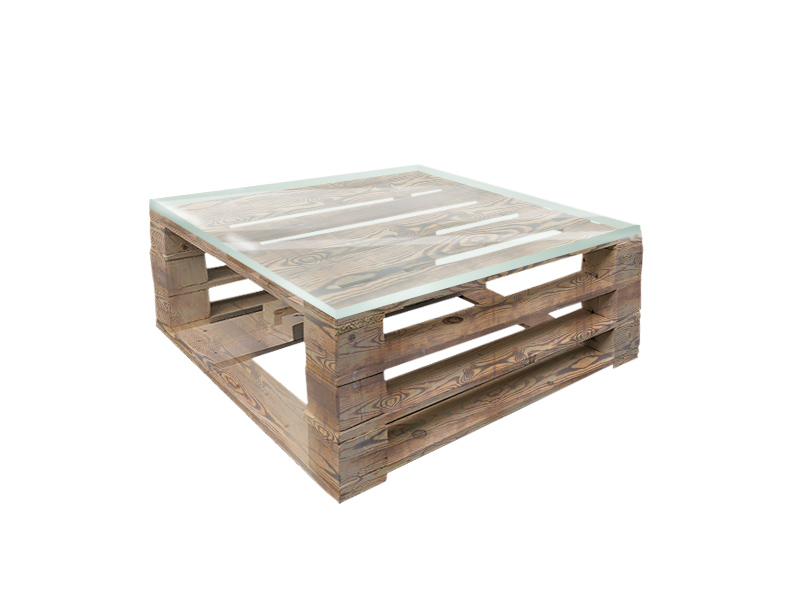 Стол паллетный журнальный обожжённый с прозрачной столешницей