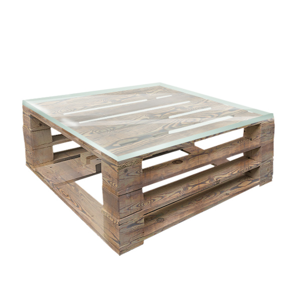 Стол паллетный журнальный обожжённый с прозрачной столешницей