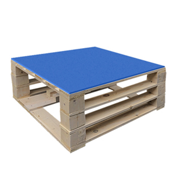 Стол паллетный журнальный обожжённый с синей столешницей