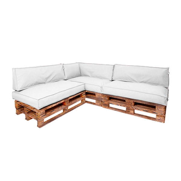 Диван из обожжённых паллет угловой с подушкой белого цвета