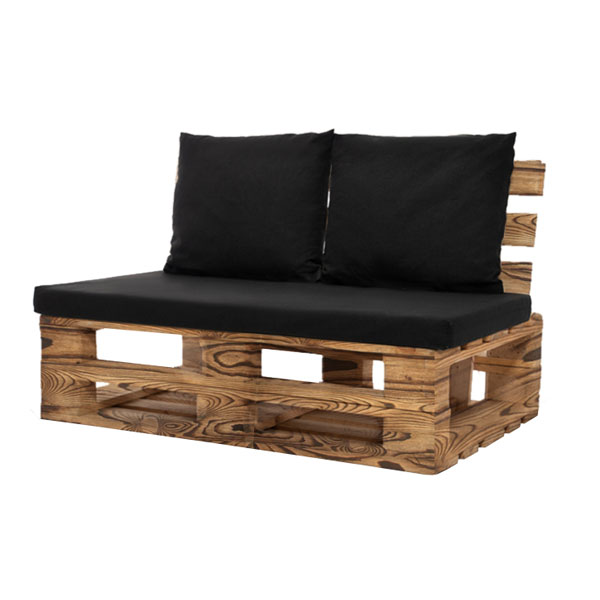 Диван из обожжённых паллет двухместный с черной подушкой