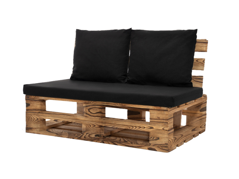 Диван из обожжённых паллет двухместный с черной подушкой