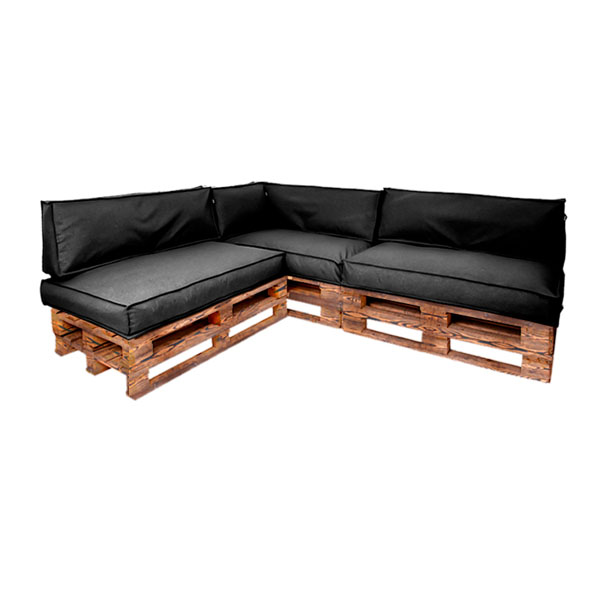 Диван из обожжённых паллет угловой с подушкой черного цвета