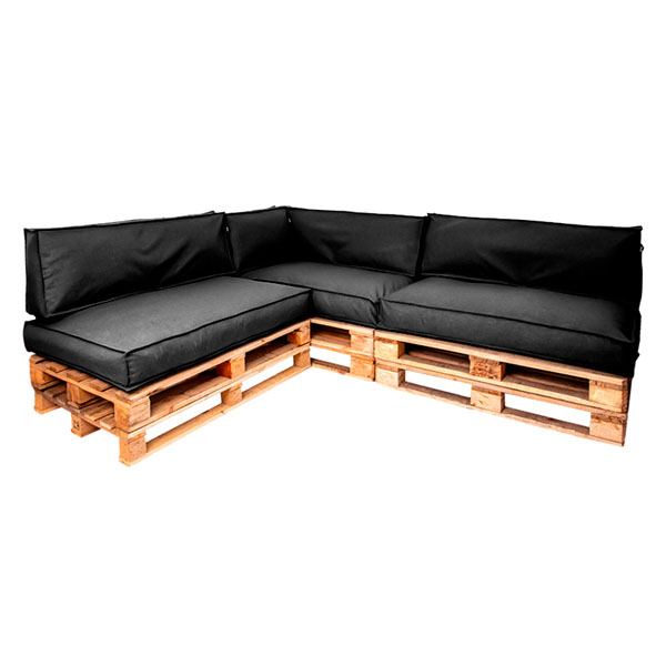 Диван из паллет угловой деревянный с черной подушкой