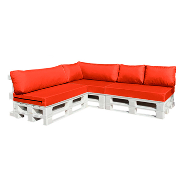 Диван из паллет угловой белый с красной подушкой