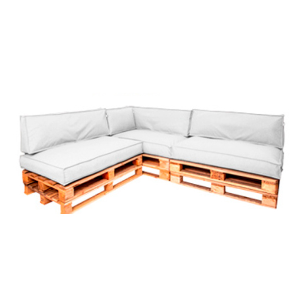 Диван из паллет угловой деревянный с белой подушкой