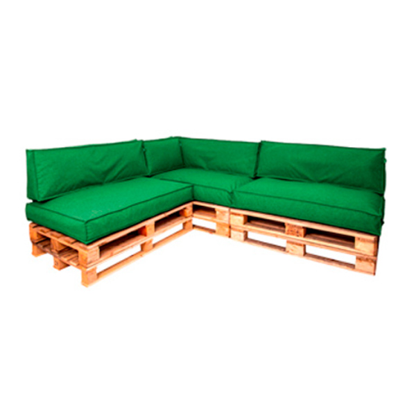 Диван из паллет угловой деревянный с зеленой подушкой