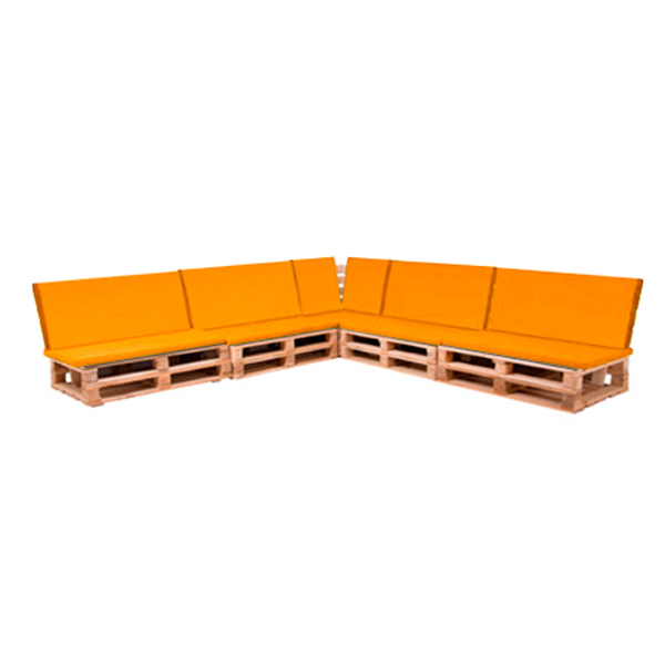 Диван паллетный модульный деревянный с оранжевой подушкой