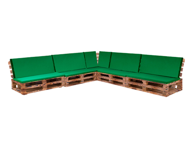 Диван паллетный модульный обожжённый с зеленой подушкой