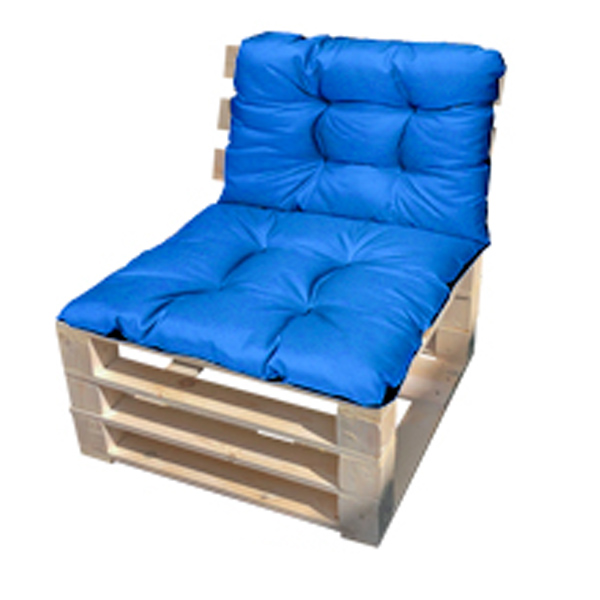 Кресло из поддонов Классик деревянное с синей подушкой