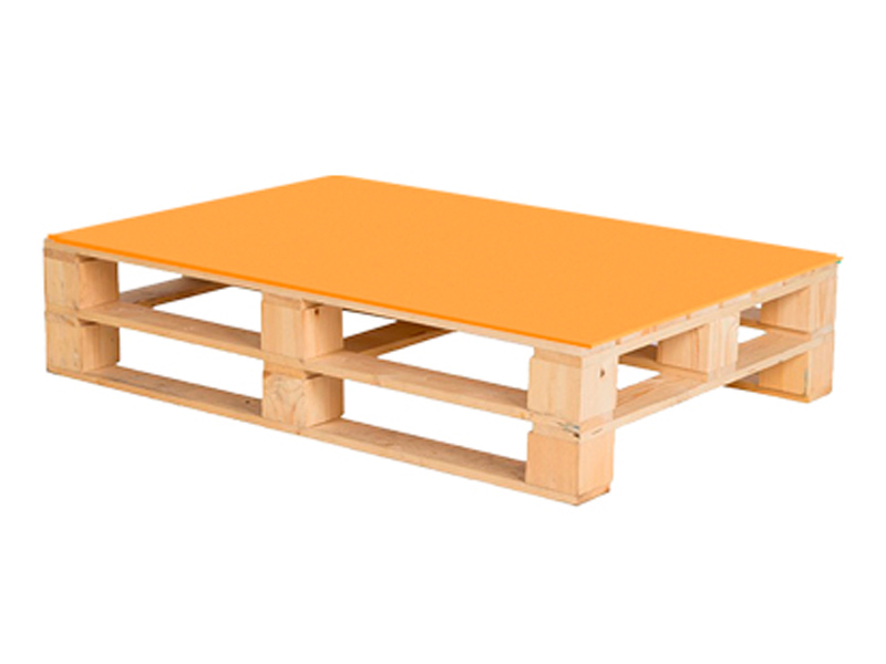Паллетный стол деревянный с оранжевой столешницей