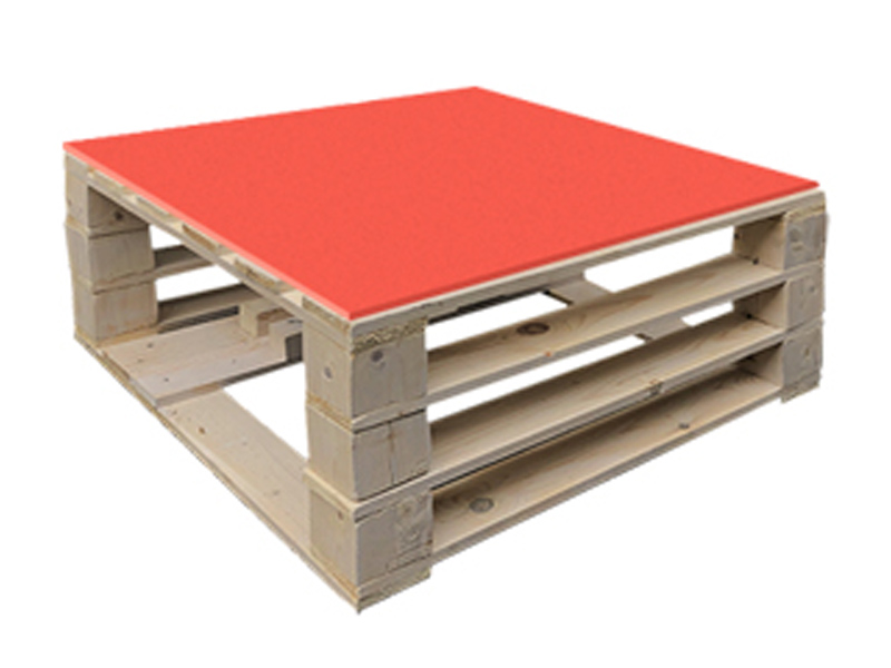 Стол паллетный журнальный деревянный с красной столешницей