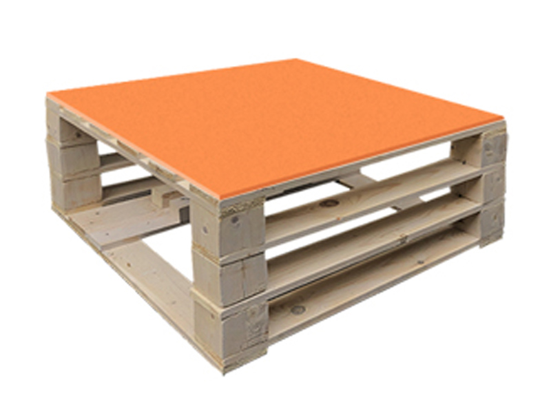 Стол паллетный журнальный деревянный с оранжевой столешницей
