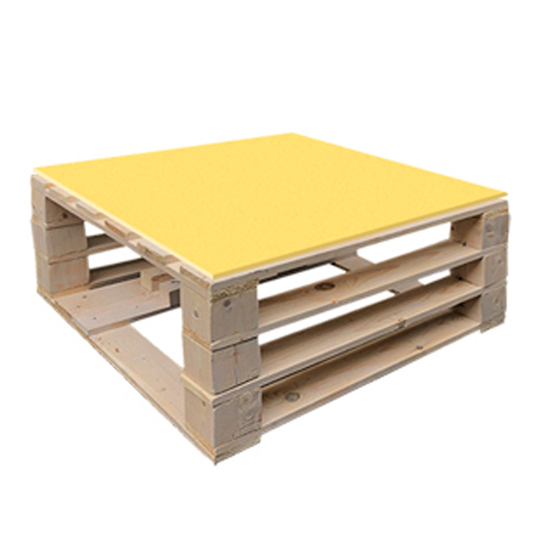 Стол паллетный журнальный деревянный с желтой столешницей