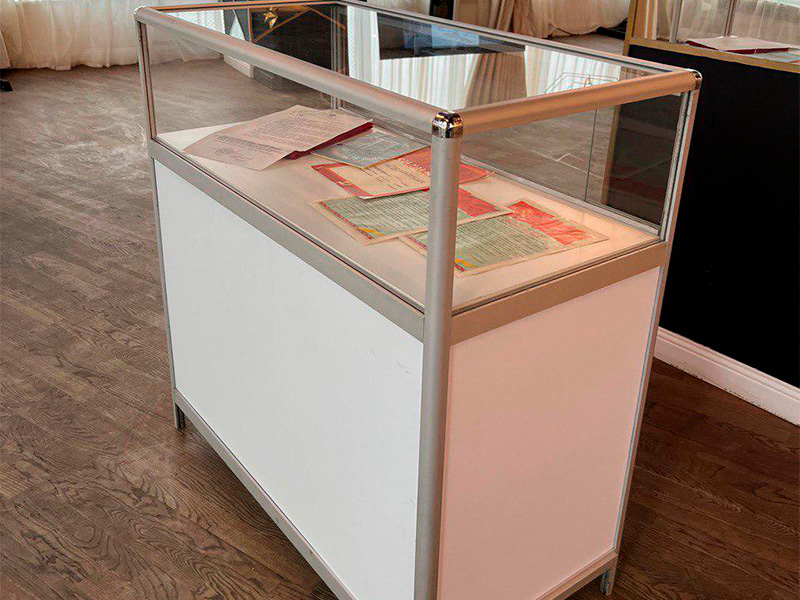 Витрина низкая прямоугольная бело-серебристая